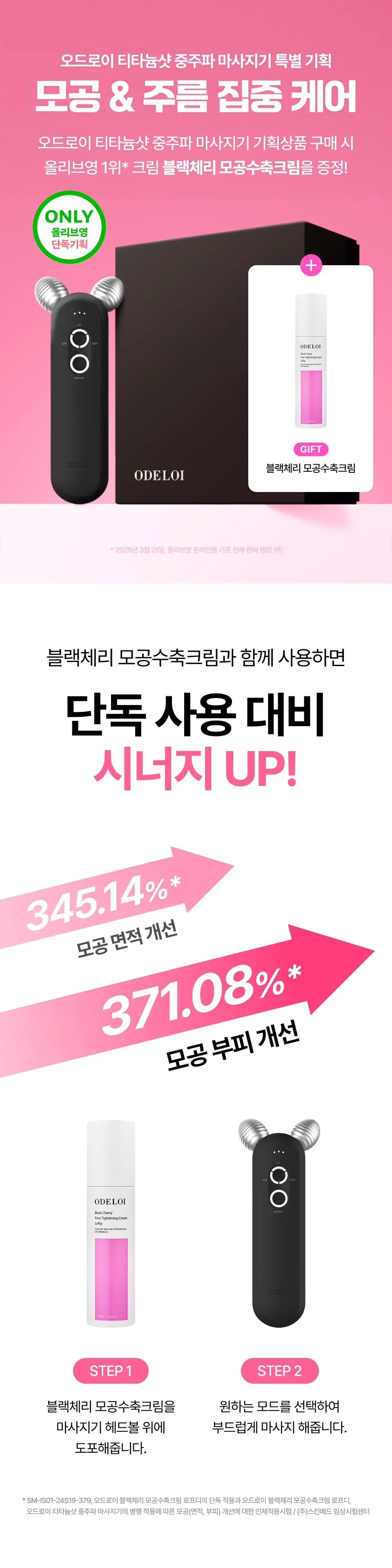 [이중턱/윤곽] 오드로이 모공수축 중주파마사지기 티타늄샷 기획(+모공수축크림 100ml 본품 증정) 상세페이지 1